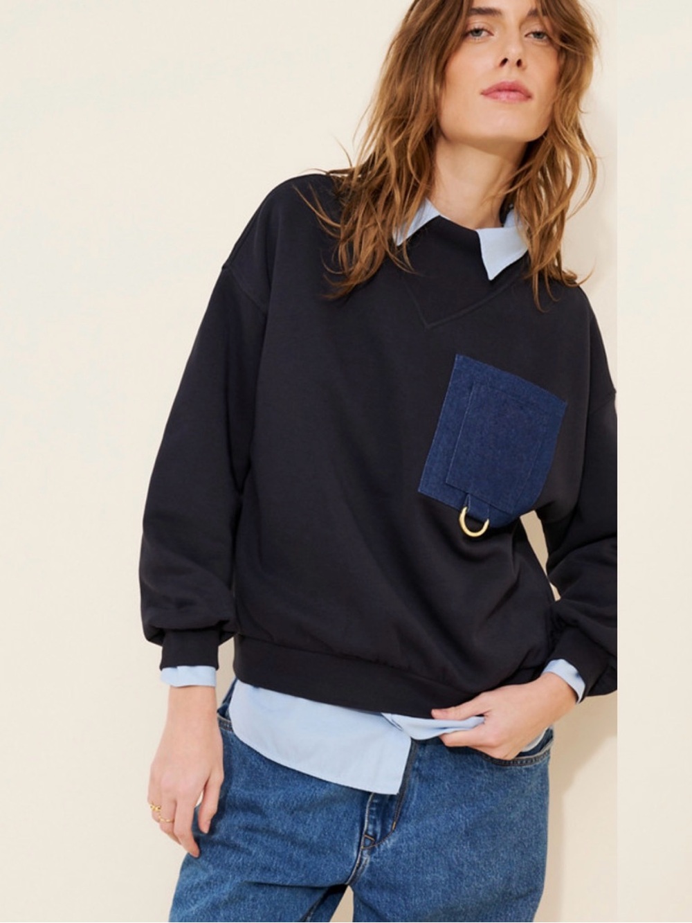 Barbour Saima Denim Pocket Sweatshirt Dark Navy Blue Mock Neck Minimalist Preppy